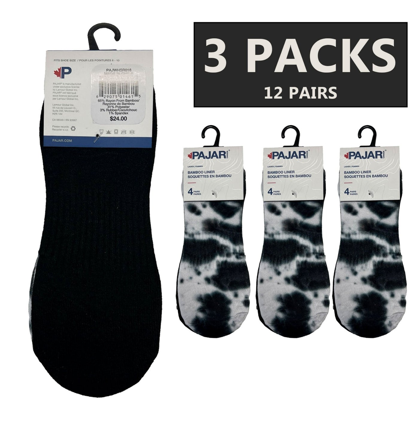 Pajar Women's 4 Pairs Bamboo Liner (S02) - 3 Pack