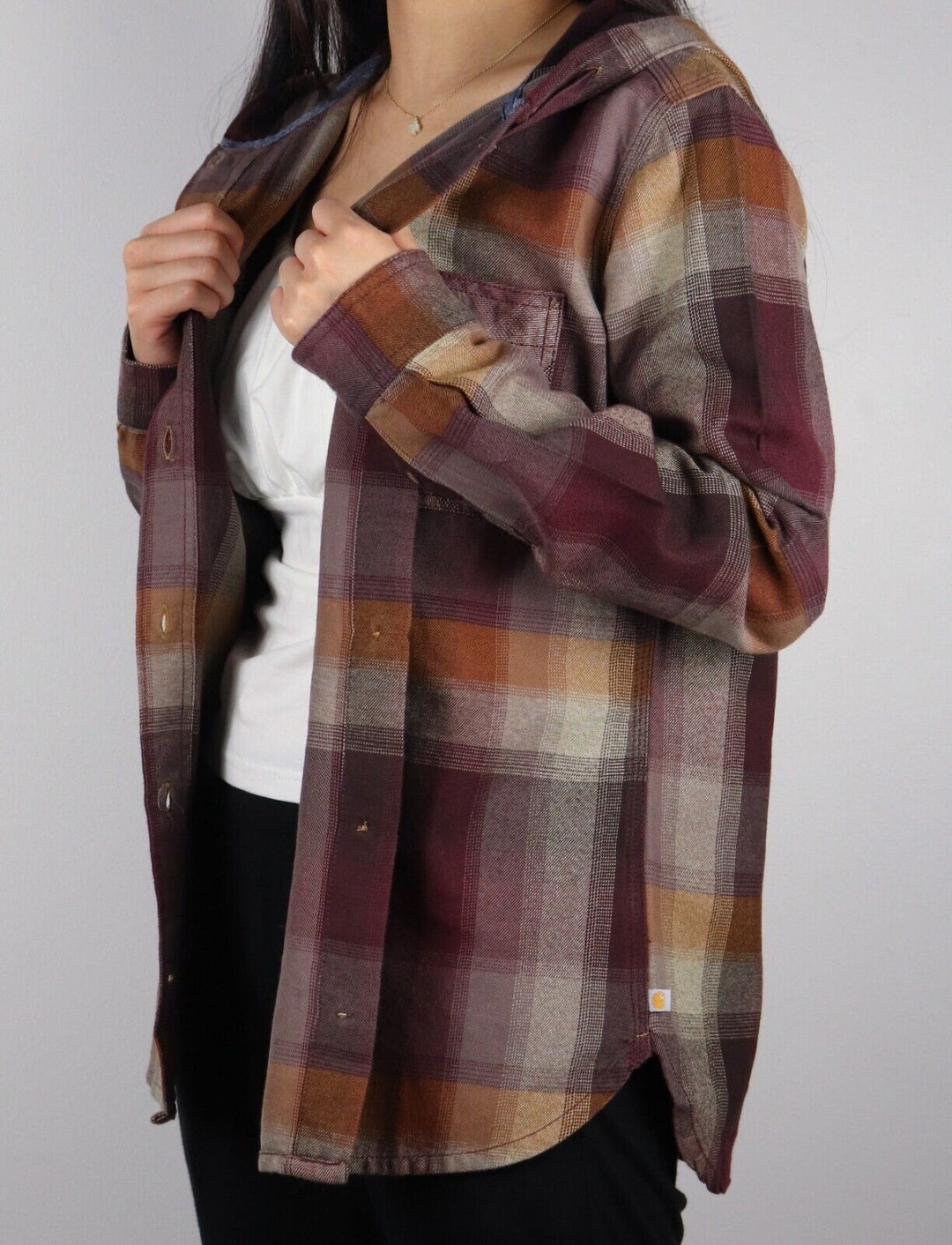 Carhartt Women's Wine Gold Cream Plaid Hooded L/S Woven Shirt