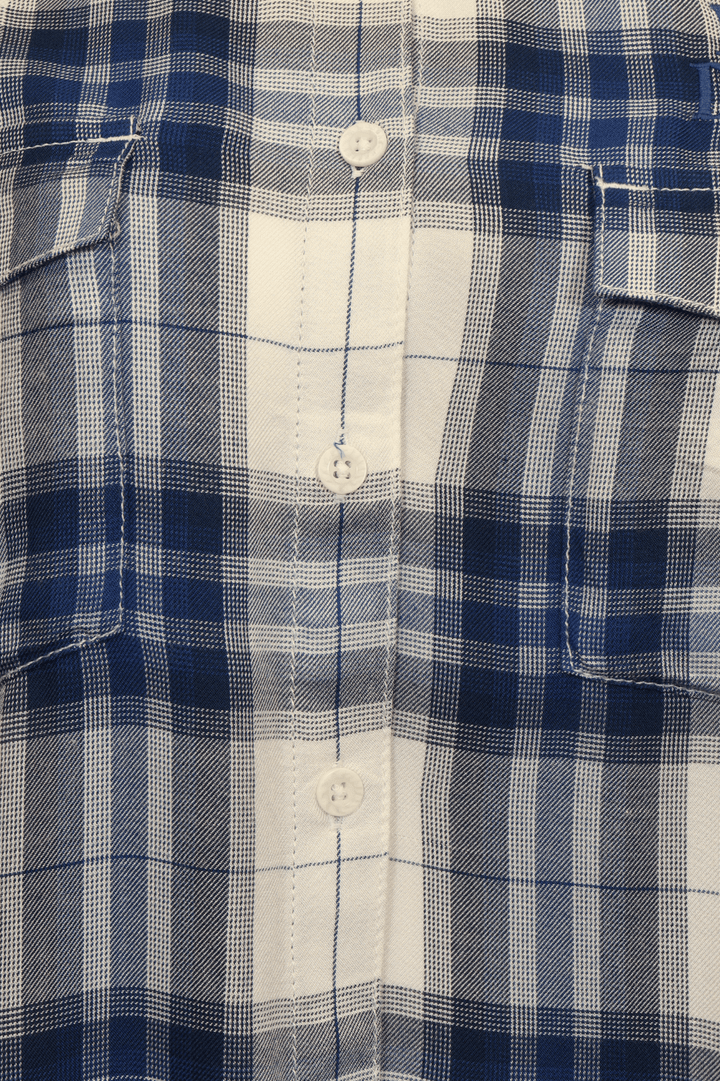 HD Branded Women's Shirt Blue White Plaid Embroidered Text L/S Woven (S22)