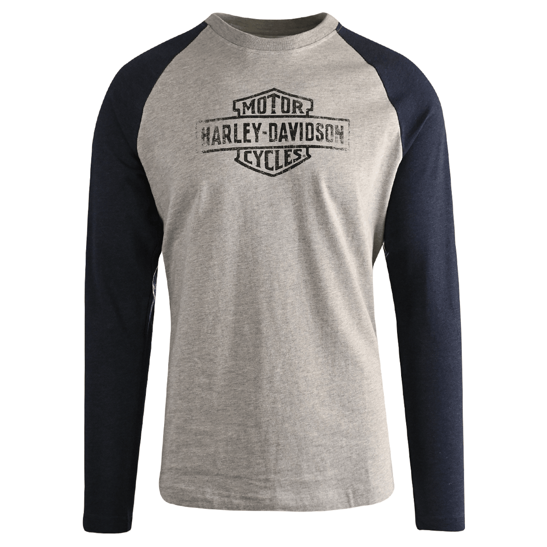 HD Branded Men's T-Shirt Blue Heather Grey Oil Can Bar & Shield Raglan