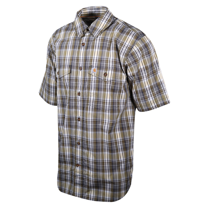 Carhartt Men's Force Olive Green White Plaid Lightweight S/S Woven Shirt (S05)