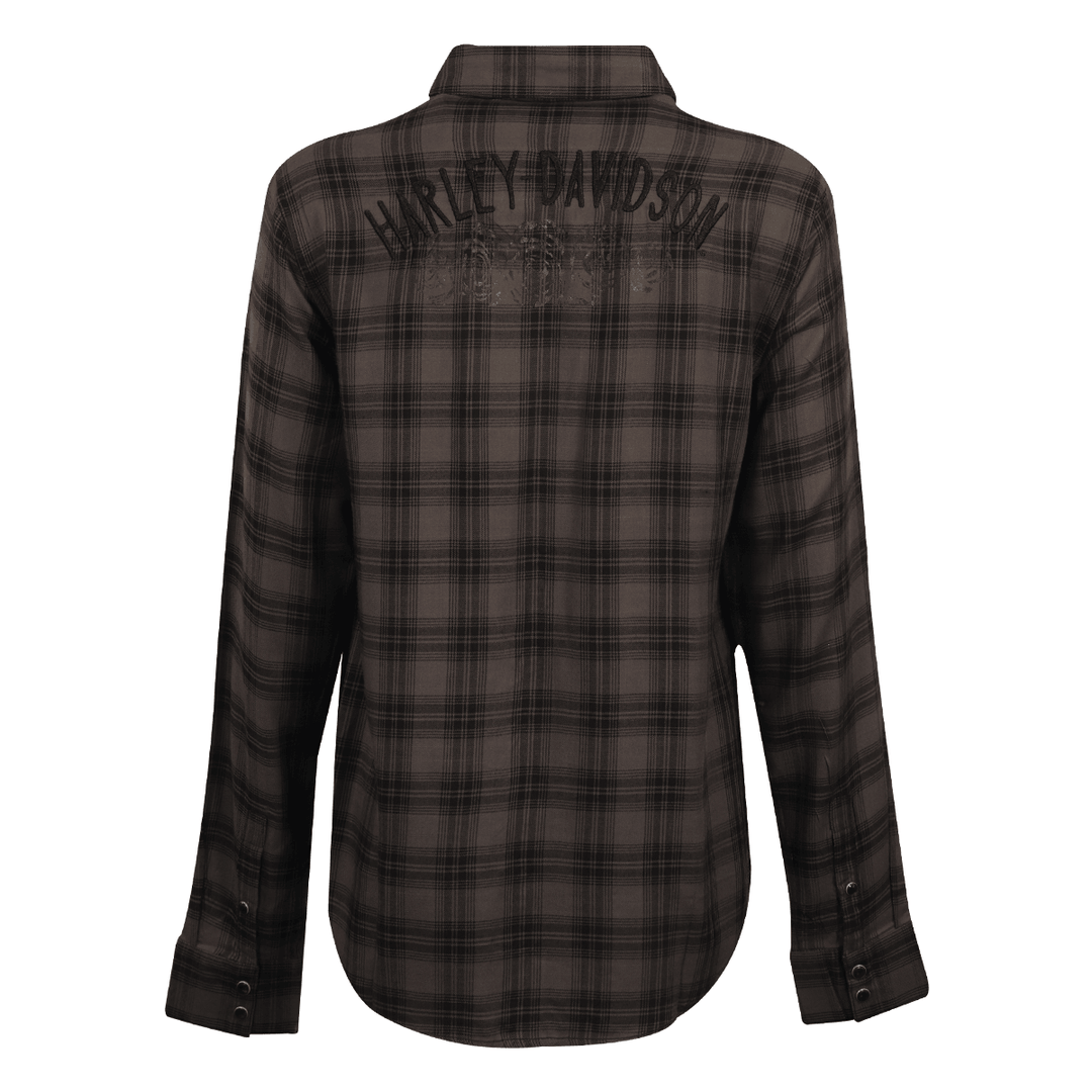 HD Branded Women's Shirt Black Grey Plaid Rose L/S Woven (S18)