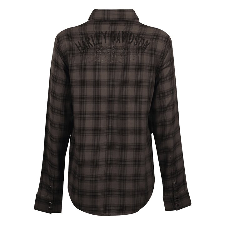 HD Branded Women's Shirt Black Grey Plaid Rose L/S Woven (S18)