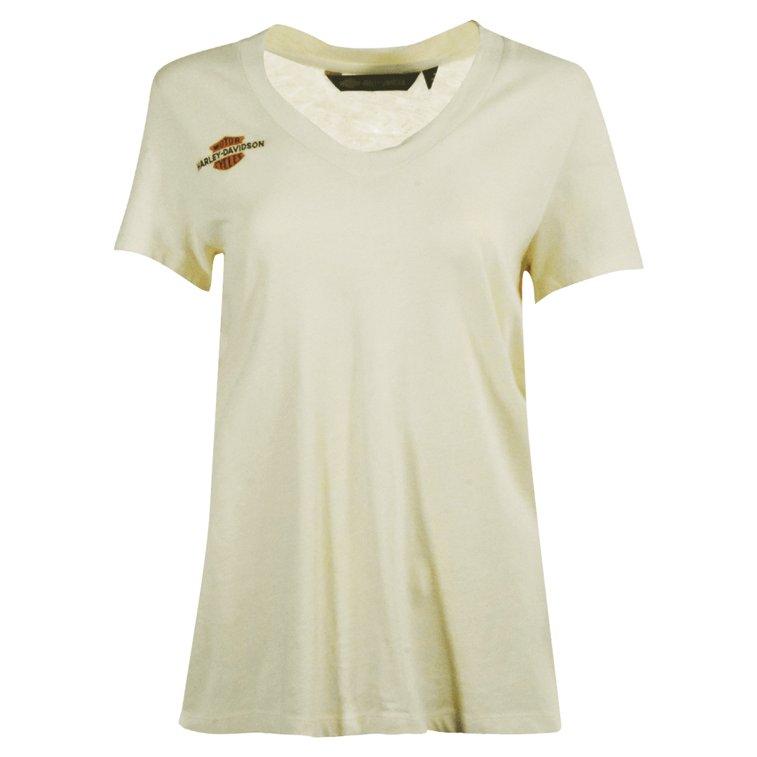 HD Branded Women's T-Shirt Cream V-Neck Relaxed Fit Logo Tee (S15)