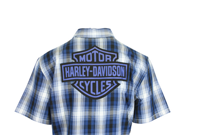 Harley-Davidson Men's Shirt Blue Plaid Bar & Shield Short Sleeve (S59)