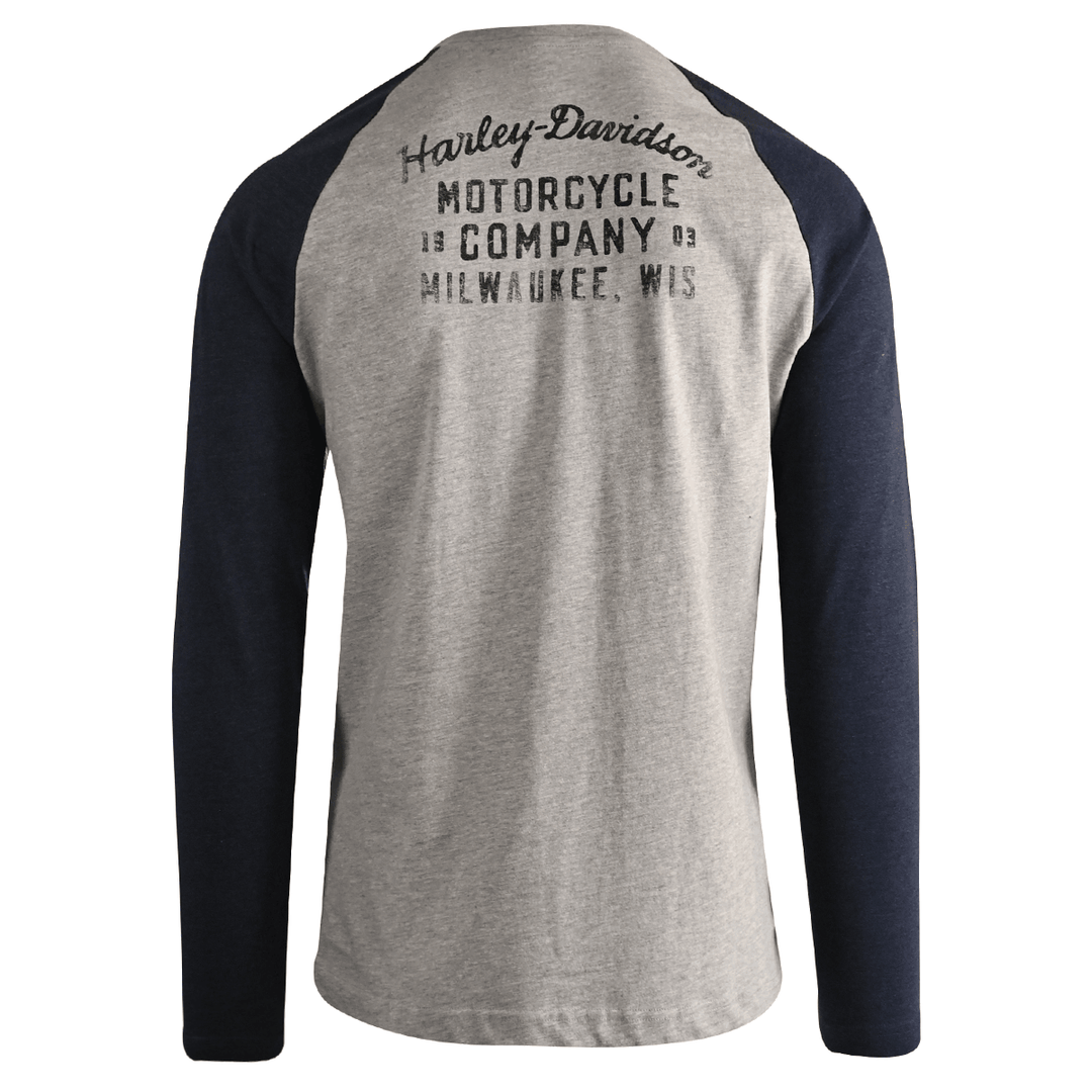 HD Branded Men's T-Shirt Blue Heather Grey Oil Can Bar & Shield Raglan