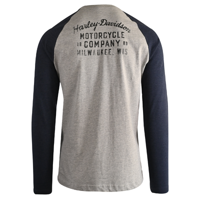 Harley-Davidson Men's T-Shirt Blue Heather Grey Oil Can Bar & Shield Raglan