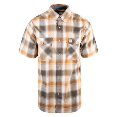 Carhartt Men's Gold Brown Olive Green Plaid Snap-Front S/S Woven Shirt (S13)