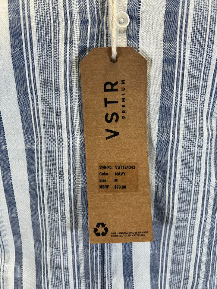 Vstr Premium Men's Navy White Shirt Vertical Stiped Button Down S/S (S01)