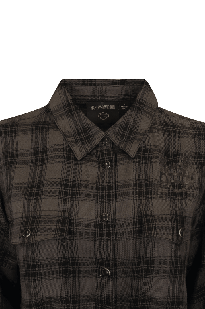 HD Branded Women's Shirt Black Grey Plaid Rose L/S Woven (S18)