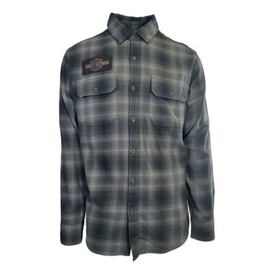 Branded Men's Shirt Black & Grey Plaid Woven Patched Logo L/S (S86)