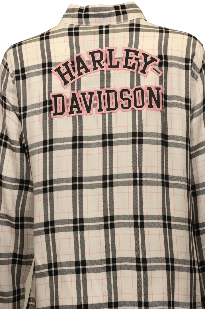 HD Branded Women's Shirt Black White Pink Plaid Text L/S Woven (S21)