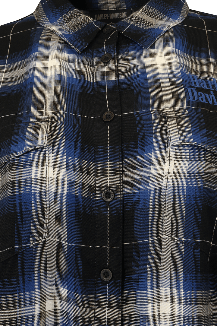 HD Branded Women's Shirt Blue Black Plaid Text L/S Woven (S20)