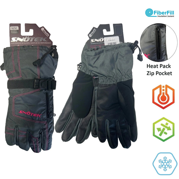 Snotek Women's Grey Pink Stitched Zip Performance Winter Ski Gloves ST118 (S03)