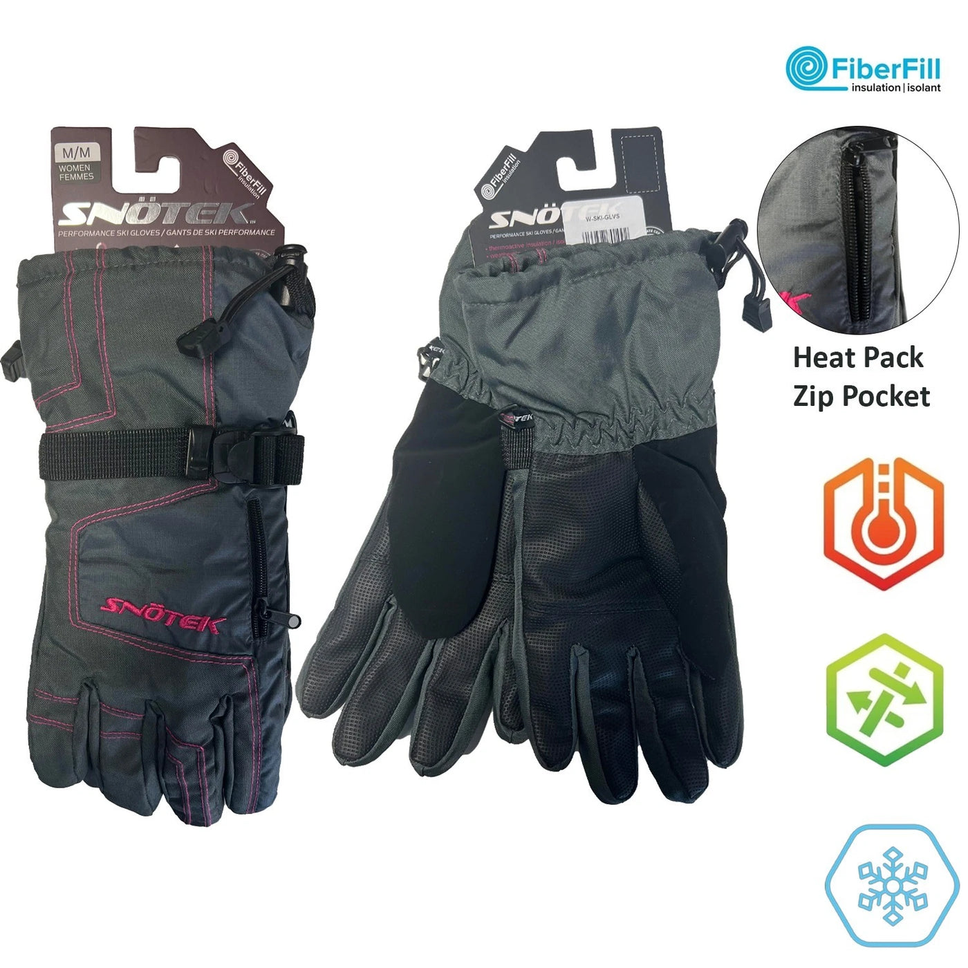 Snotek Women's Grey Pink Stitched Zip Performance Winter Ski Gloves ST118 (S03)