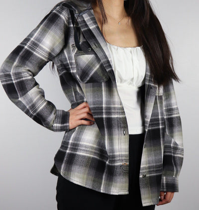 Carhartt Women's Black Ash Grey White Plaid Hooded L/S Woven Shirt