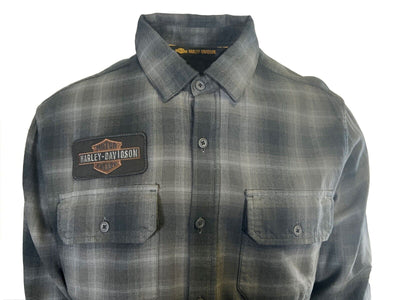 Branded Men's Shirt Black & Grey Plaid Woven Patched Logo L/S (S86)