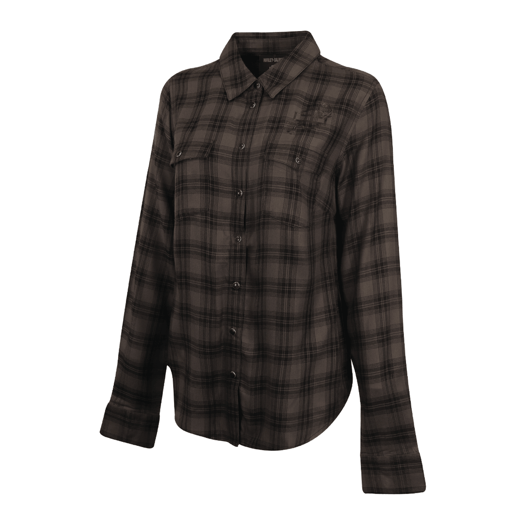 HD Branded Women's Shirt Black Grey Plaid Rose L/S Woven (S18)