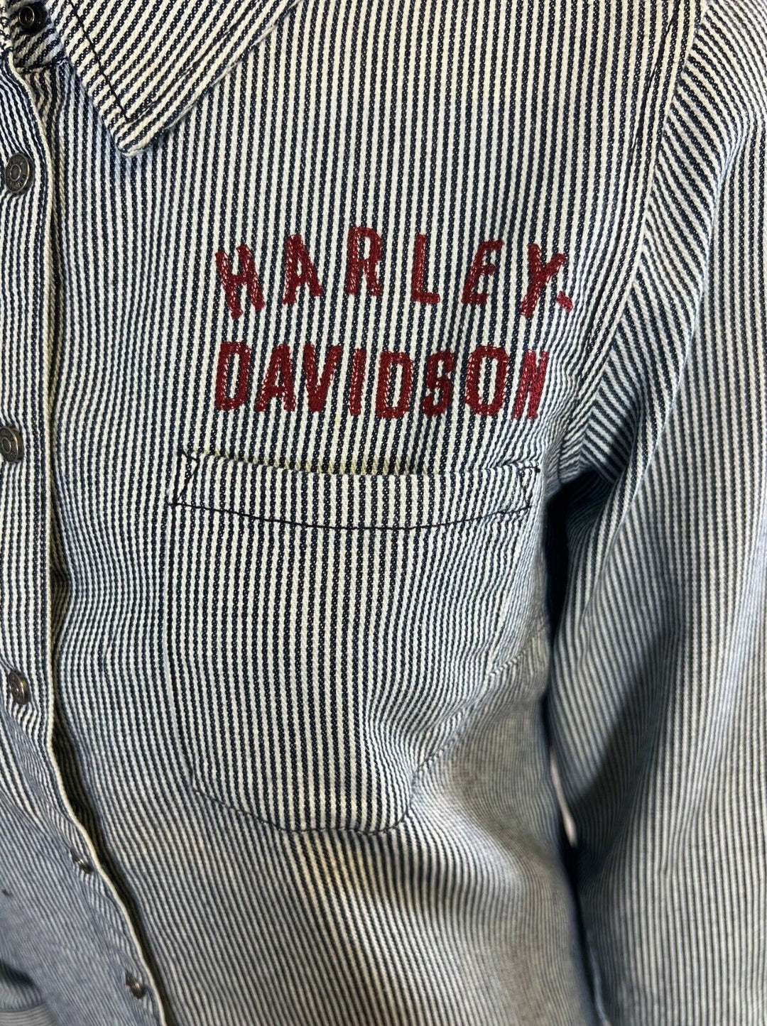 HD Branded Women's Blue Shirt Railroad Stripe Logo Long Sleeve (S26)