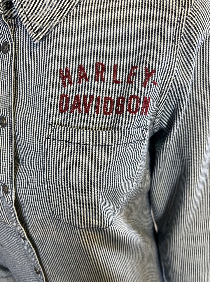 HD Branded Women's Blue Shirt Railroad Stripe Logo Long Sleeve (S26)