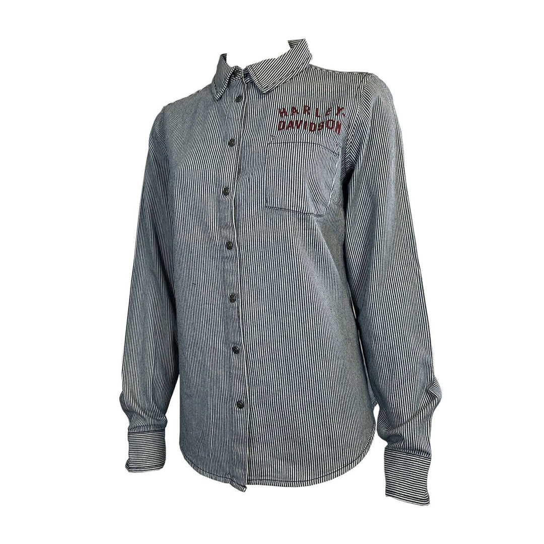 HD Branded Women's Blue Shirt Railroad Stripe Logo Long Sleeve (S26)