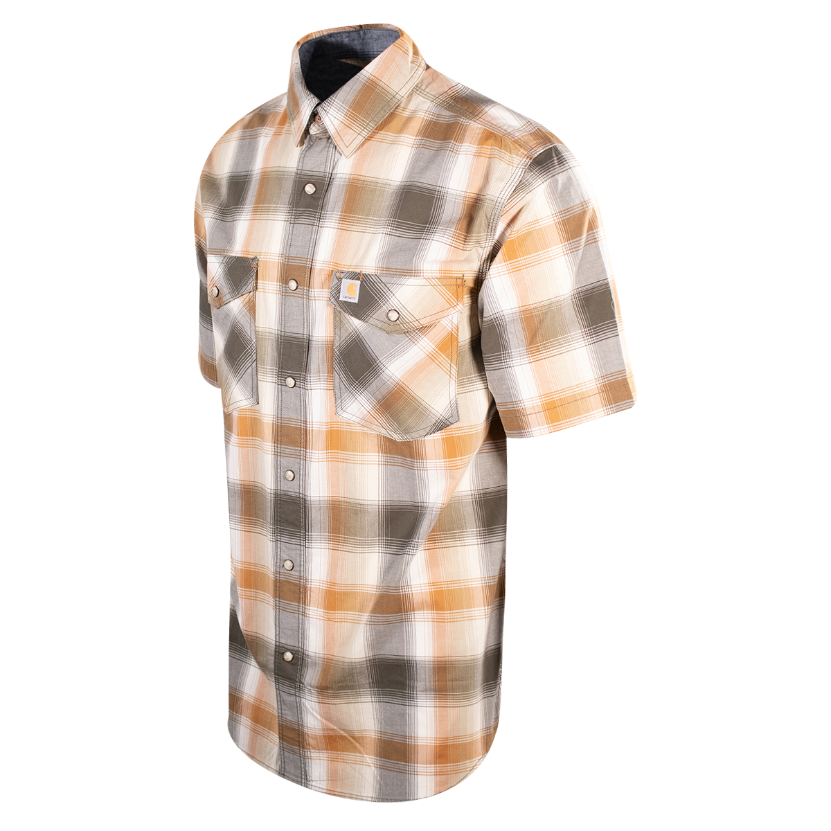 Carhartt Men's Gold Brown Olive Green Plaid Snap-Front S/S Woven Shirt (S13)