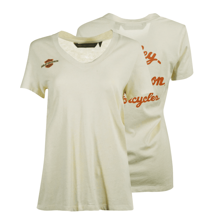 HD Branded Women's T-Shirt Cream V-Neck Relaxed Fit Logo Tee (S15)
