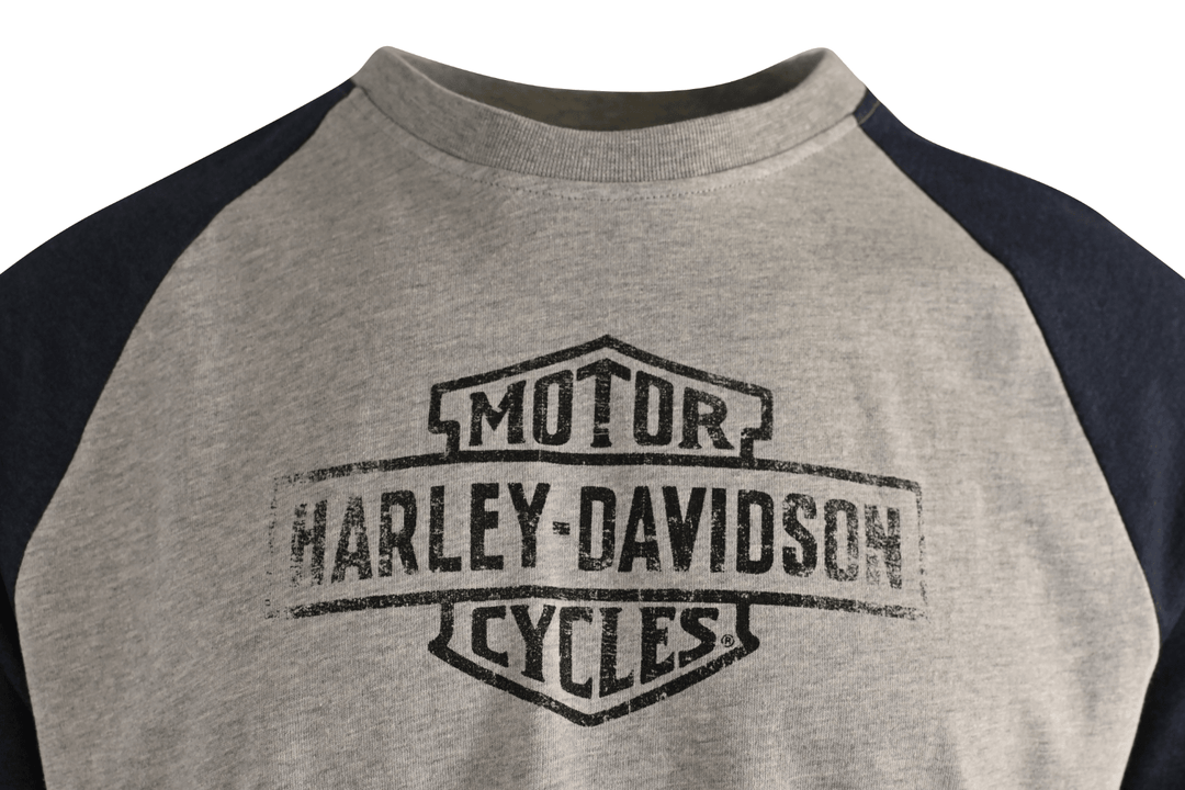 HD Branded Men's T-Shirt Blue Heather Grey Oil Can Bar & Shield Raglan