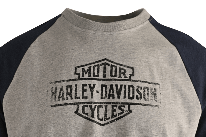 HD Branded Men's T-Shirt Blue Heather Grey Oil Can Bar & Shield Raglan