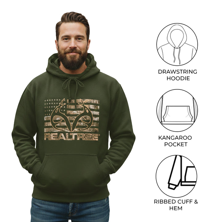 Realtree Men's Hoodie Camo American Flag Antler Logo - Green