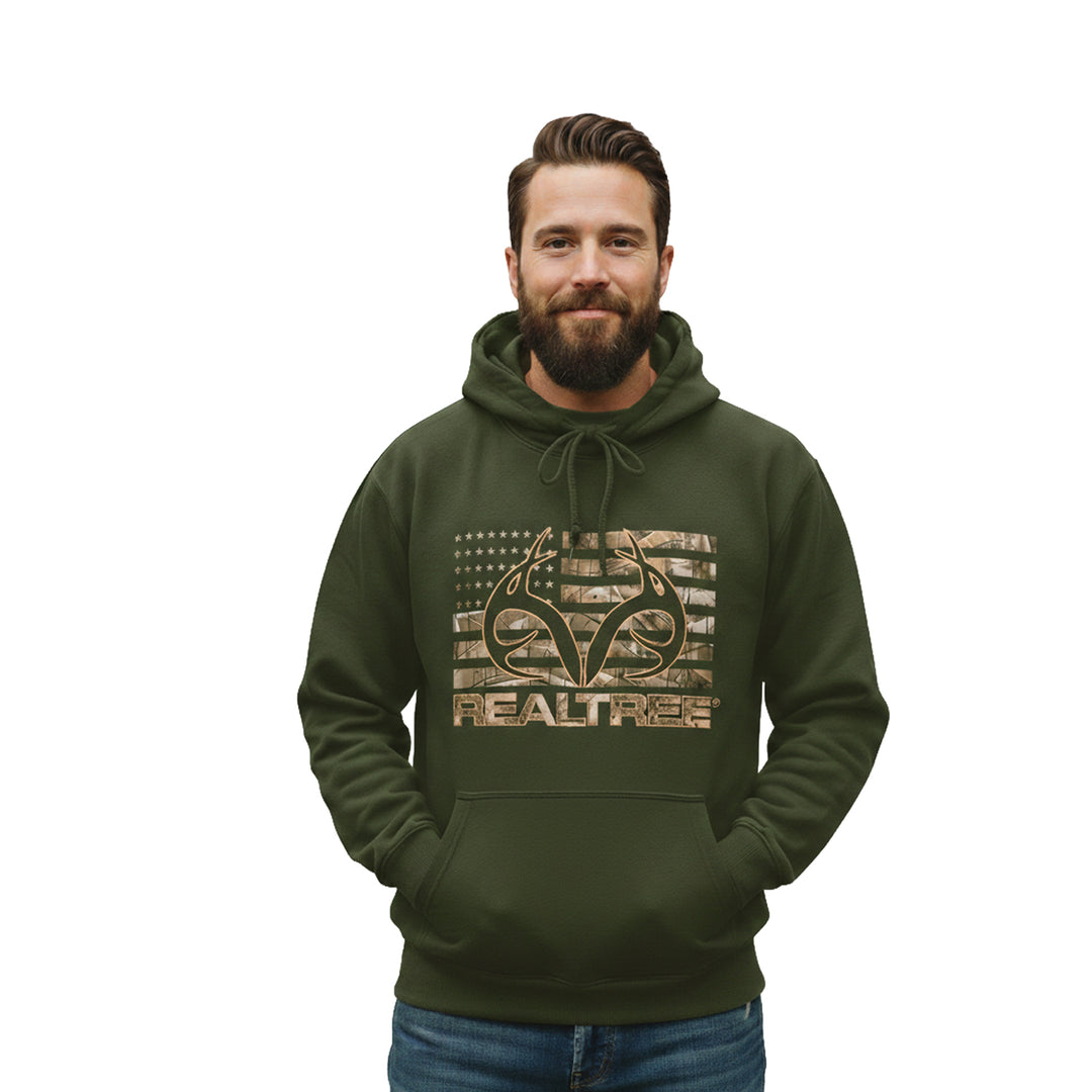 Realtree Men's Hoodie Camo American Flag Antler Logo - Green