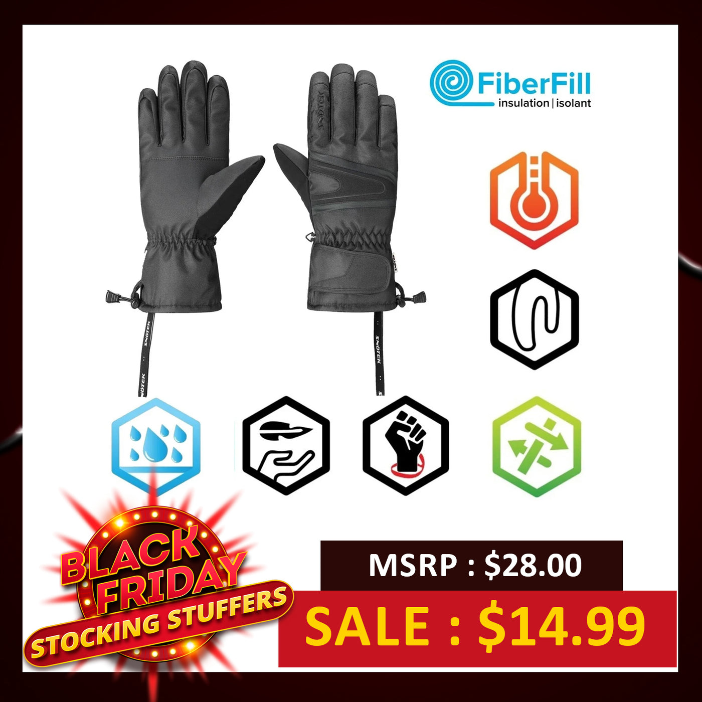 Snotek Men's Black Performance Ski Gloves ST211 (S07)