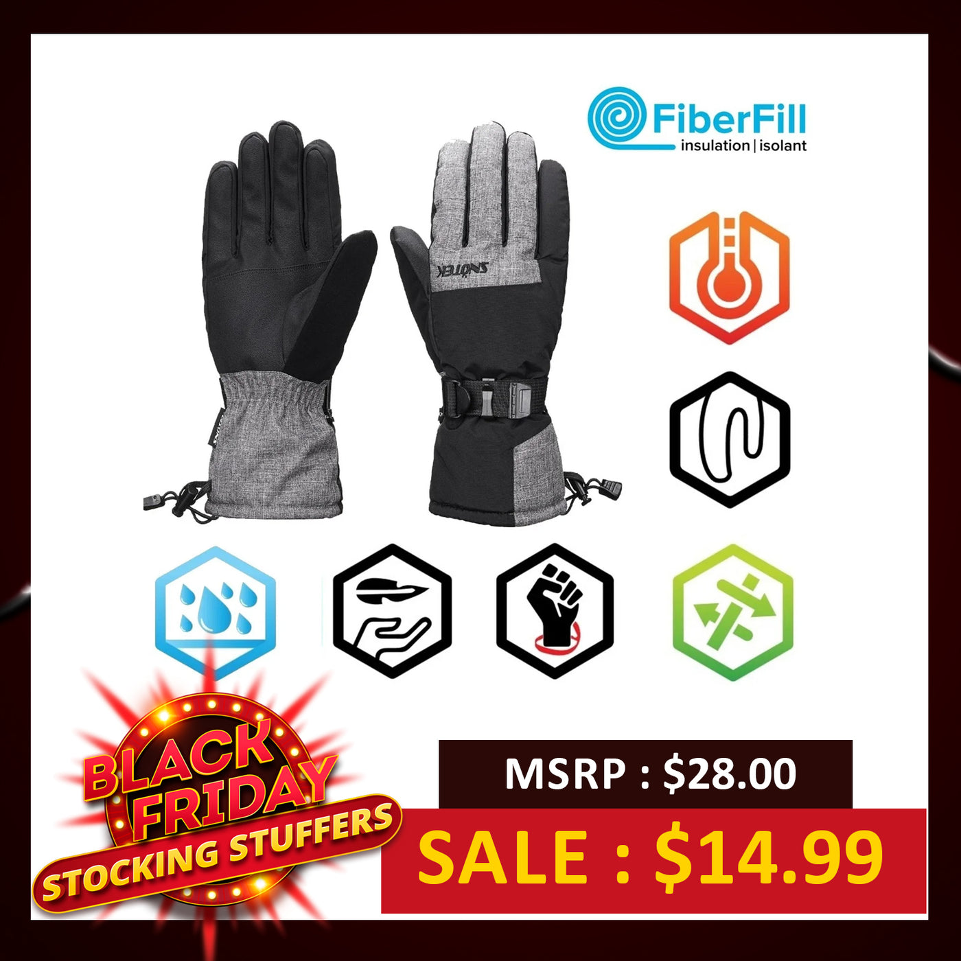 Snotek Men's Black & Grey Performance Ski Gloves Black Logo ST219 (S06)