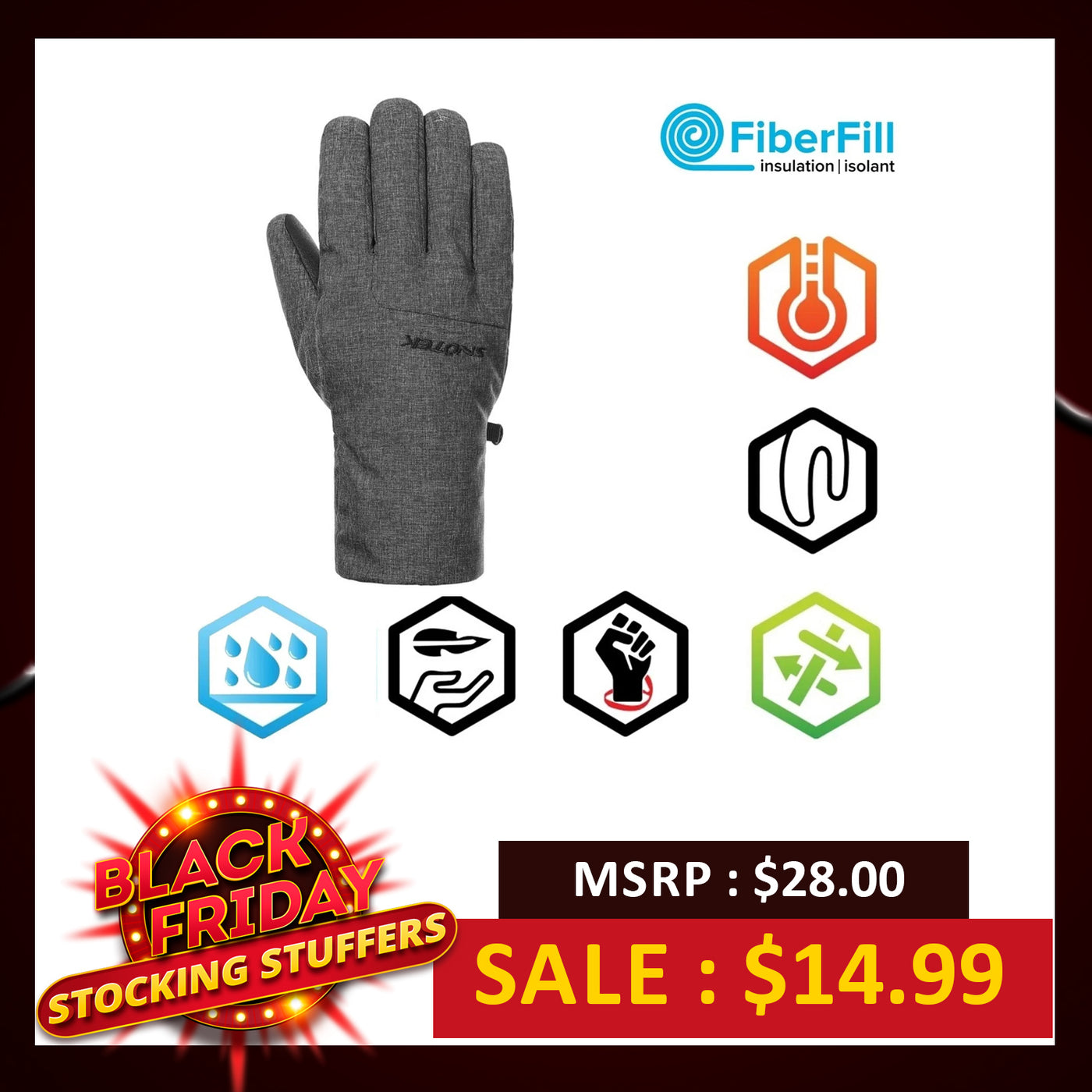 Snotek Men's Grey Performance Winter Gloves Black Logo ST261 (S05)