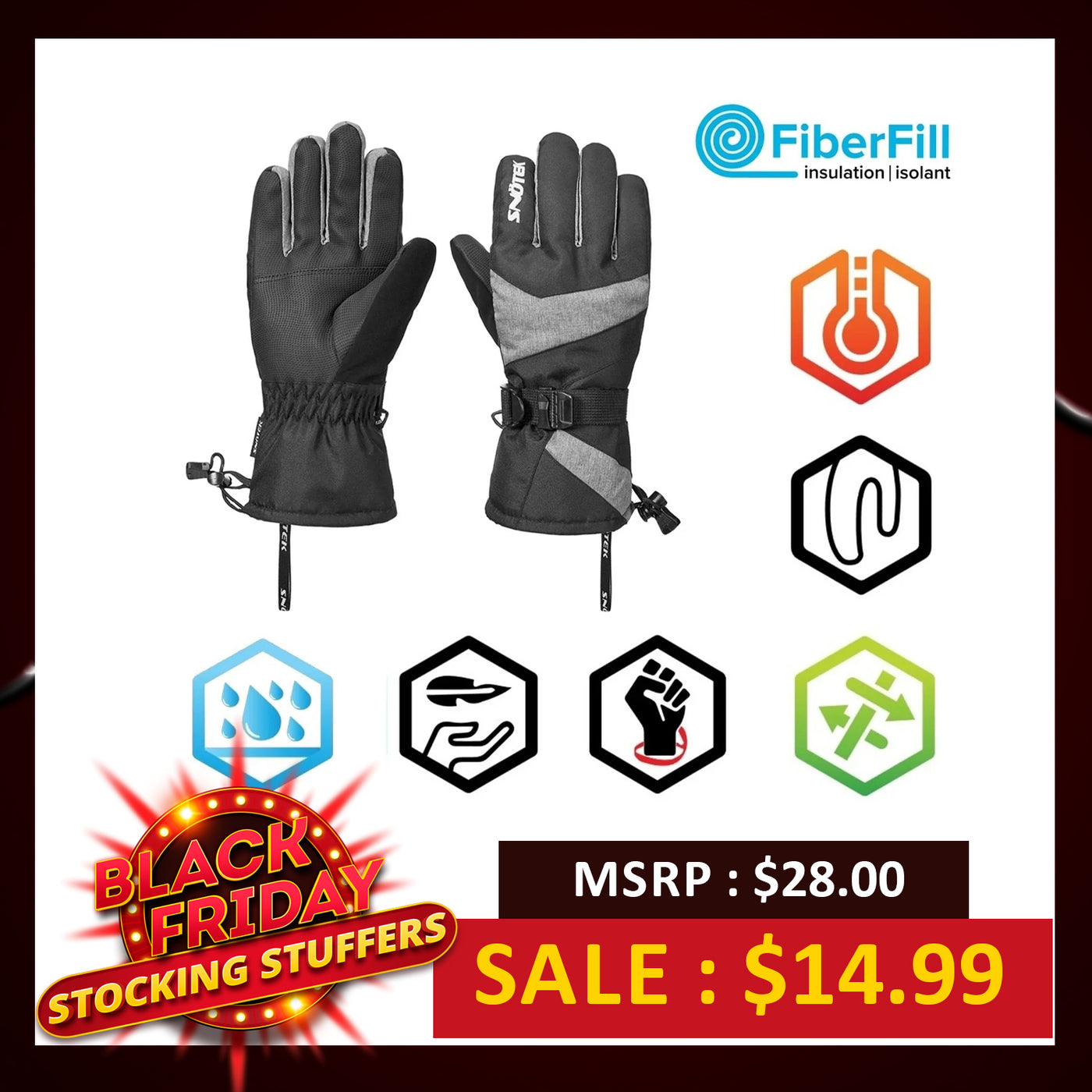 Snotek Men's Black & Grey Performance Ski Gloves White Logo ST217 (S04)