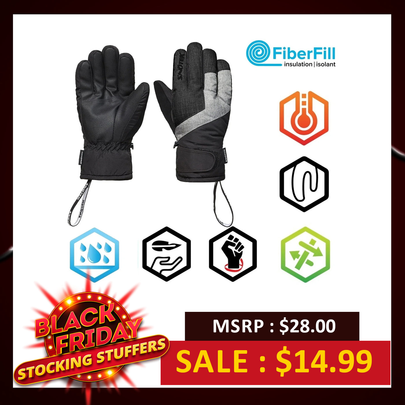 Snotek Men's Black & Grey Performance Ski Gloves ST206 (S03)