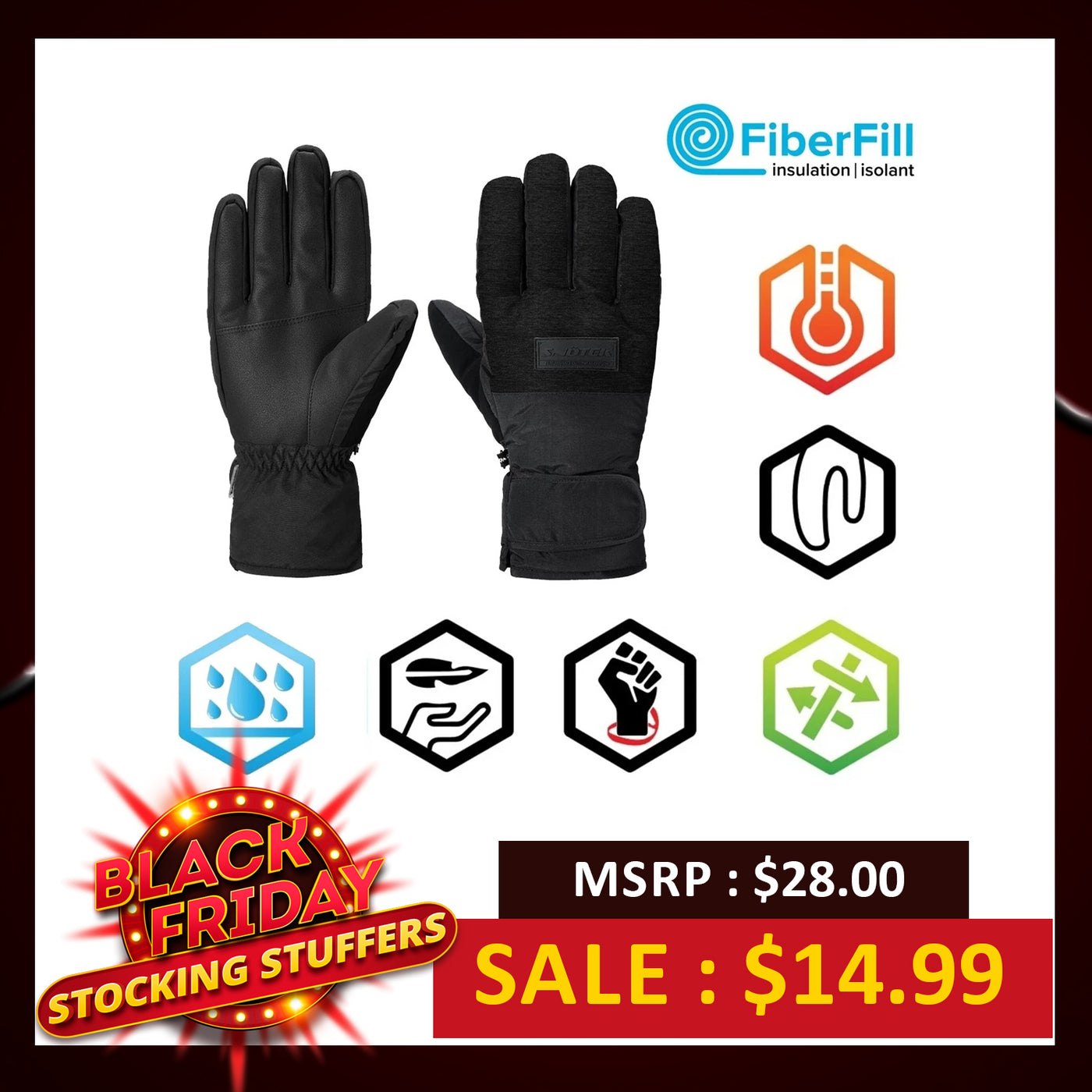 Snotek Men's Black Performance Ski Gloves Patched Label ST272 (S01)