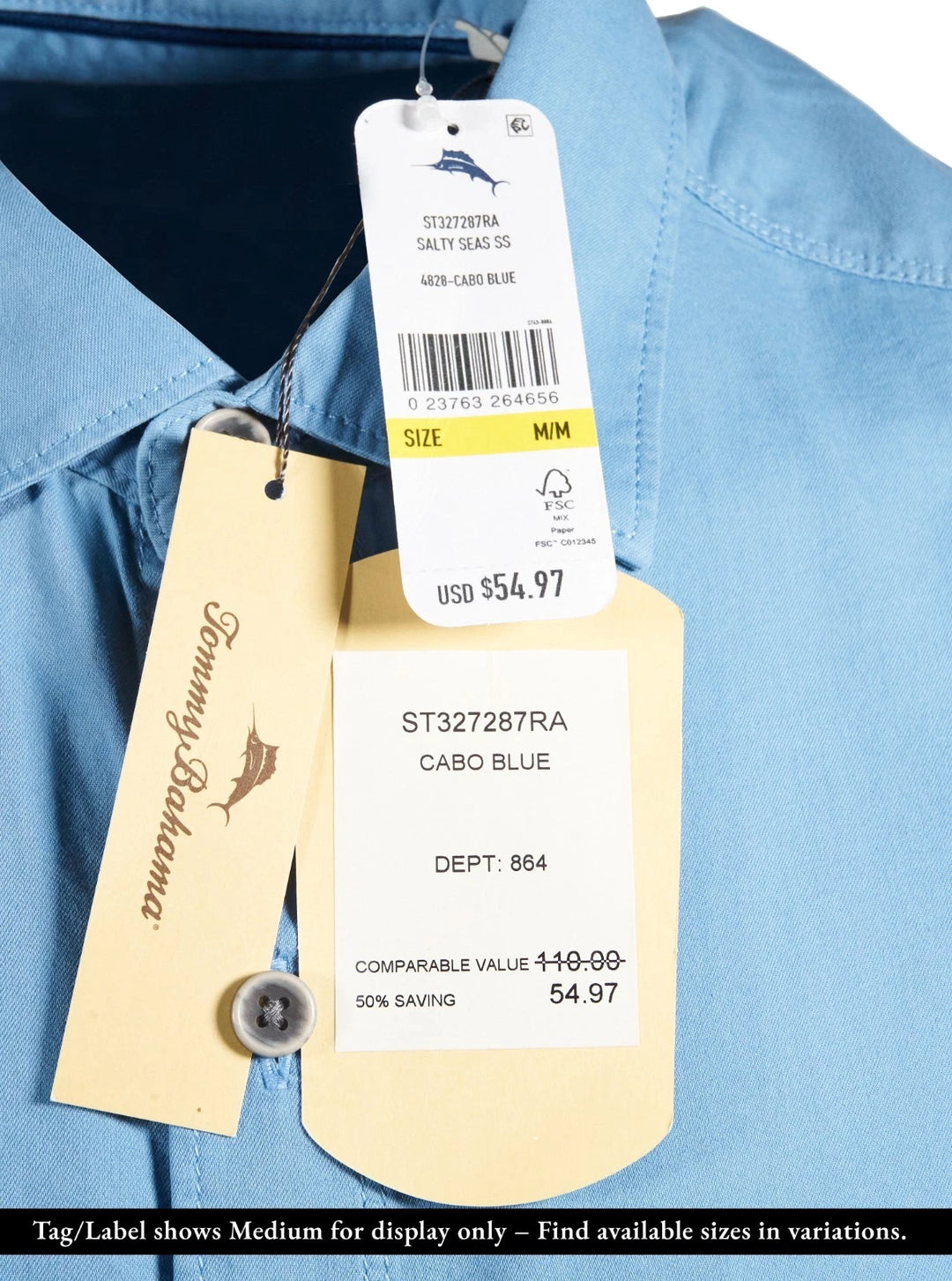 Tommy Bahama Men's Cabo Blue Shirt Salty Seas Marlin Logo Specially Treated Pocket S/S