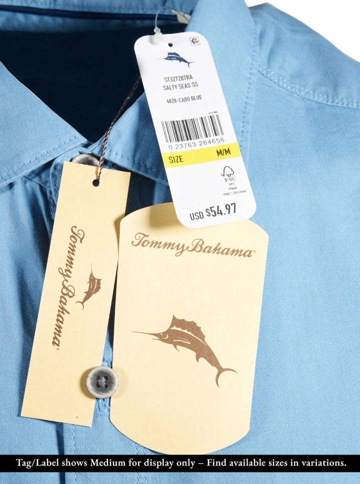 Tommy Bahama Men's Cabo Blue Shirt Salty Seas Marlin Logo Specially Treated Pocket S/S
