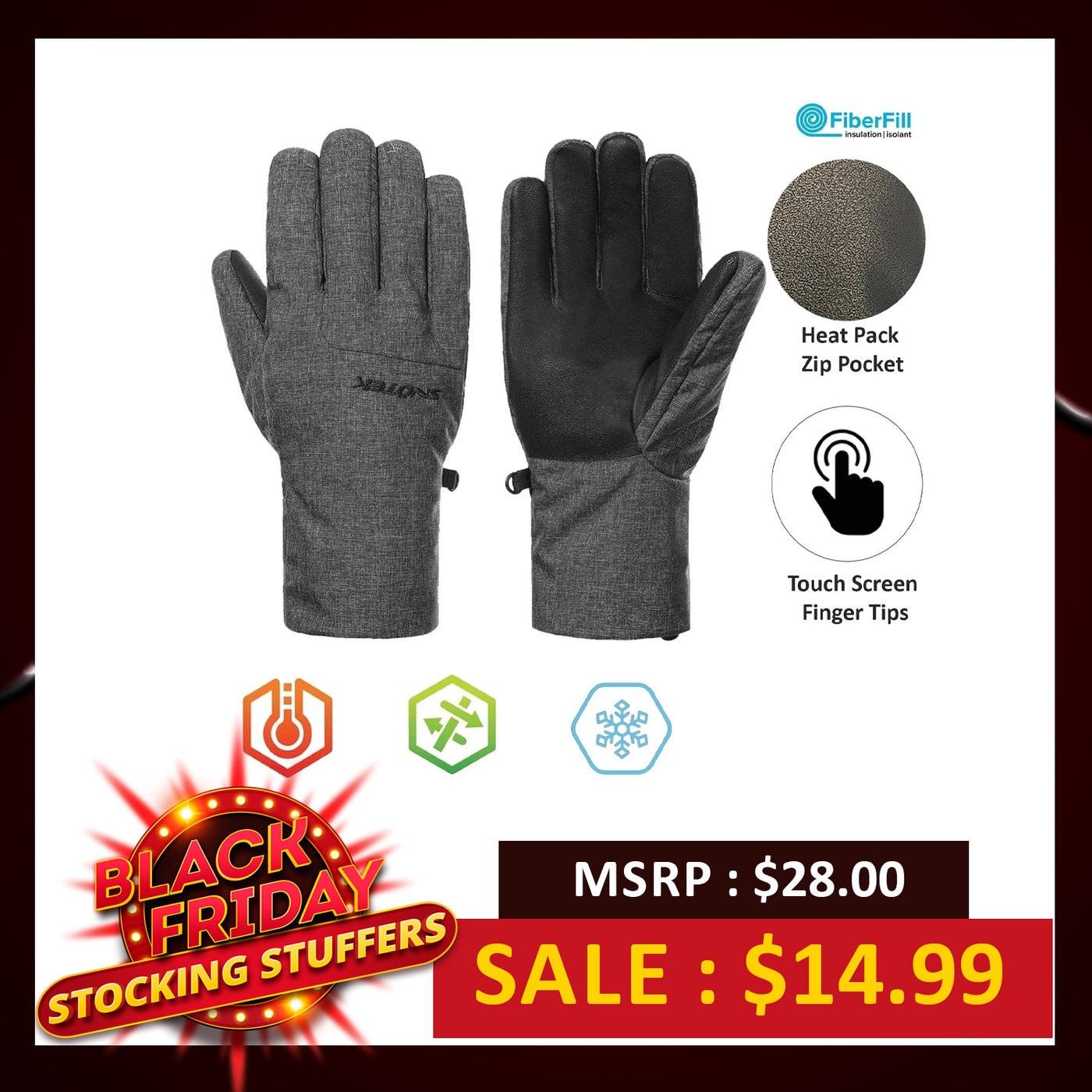 Snotek Women's Grey Embroidered Performance Winter Gloves ST161 (S04)