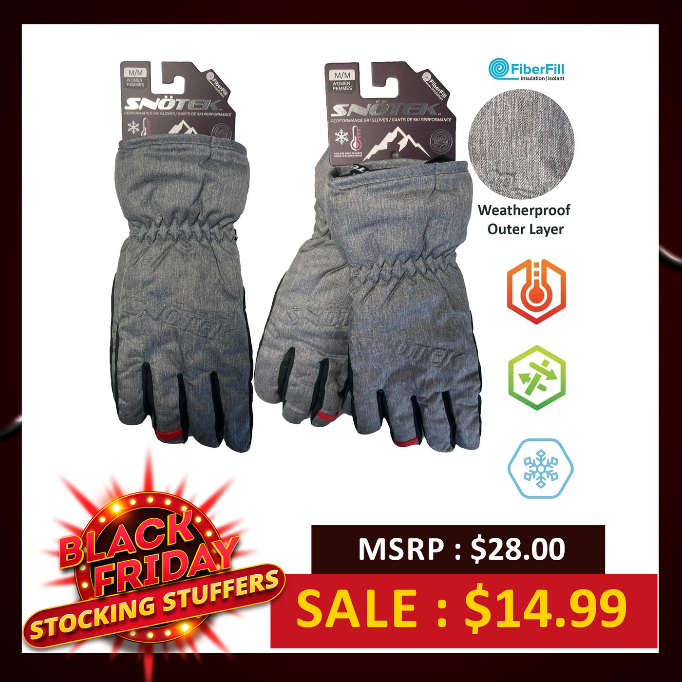 Snotek Women's Grey & Black Palm Performance Winter Ski Gloves ST122 (S01)