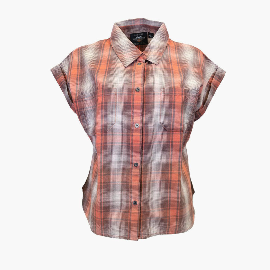 HD Branded Women's Red Orange Ombre Plaid S/S Woven Shirt Vest (S03)