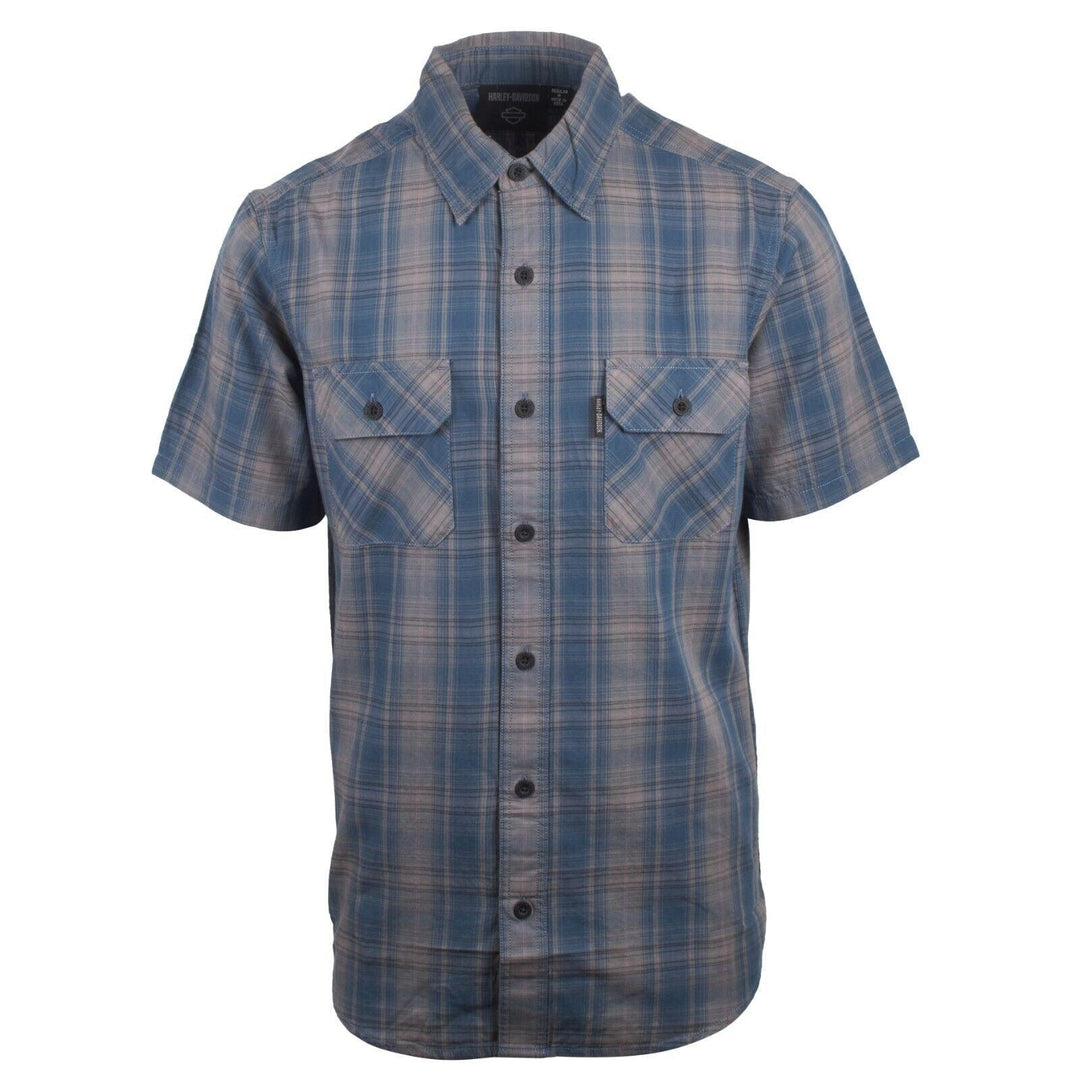 HD Branded Men's Blue Grey Plaid Motor Co. Amplifier S/S Woven Shirt (S38)