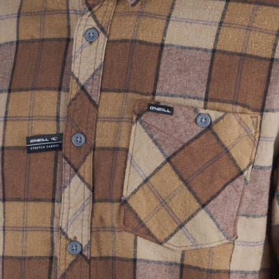 O'Neill Men's Brown Tan Plaid Redmond Stretch L/S Flannel Shirt (S04)