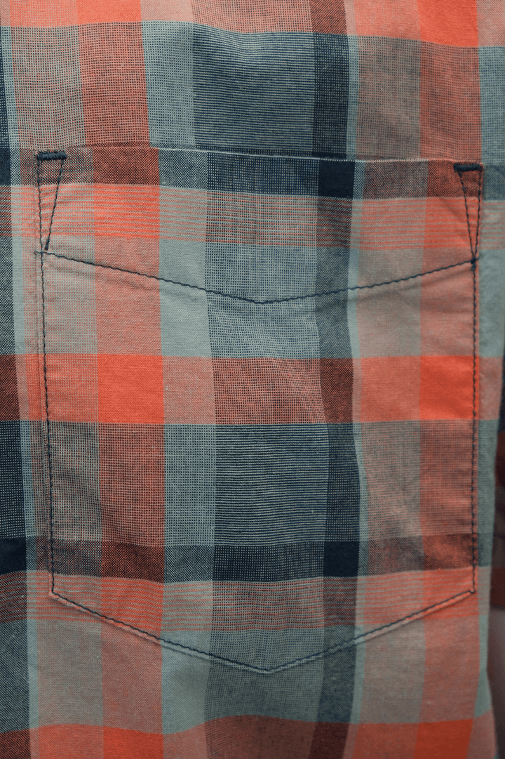 prAna Men's Bright Coral Orange Grey Black Box Plaid Benton S/S Woven Shirt S08