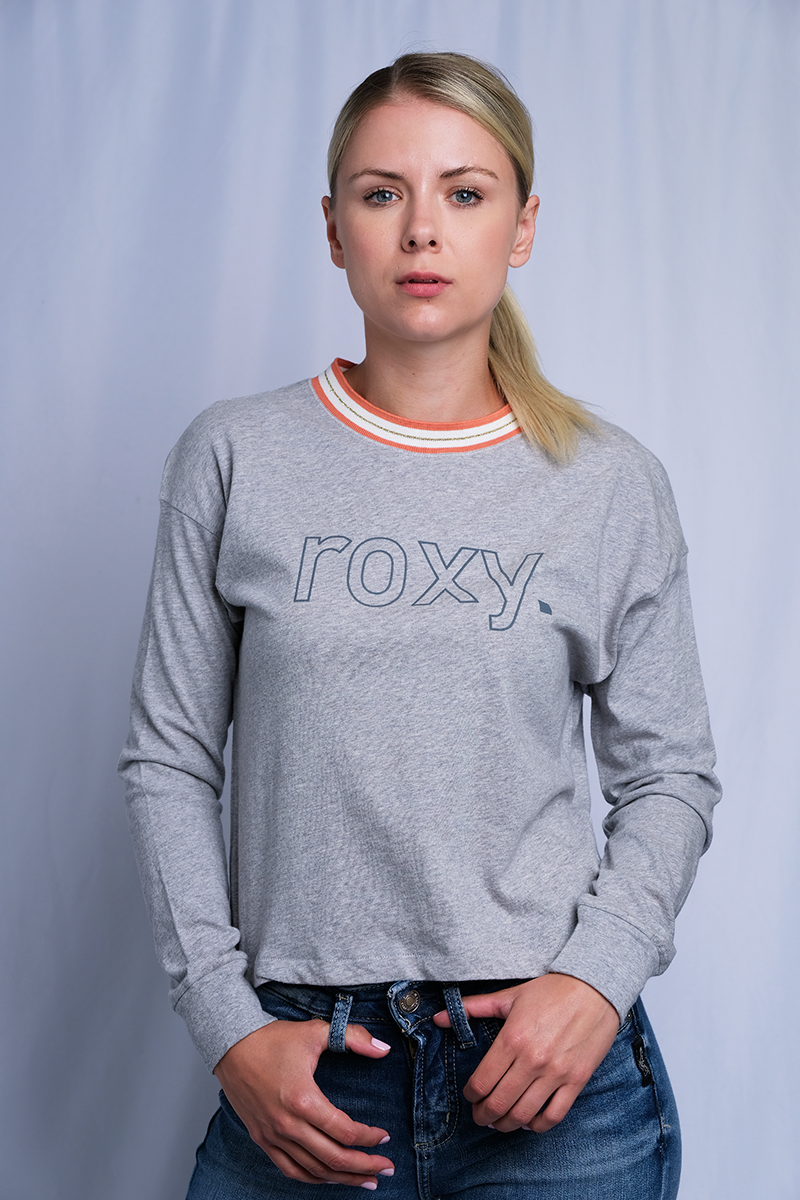 Roxy Women's Heather Grey Orange Crew Neck L/S T-Shirt (S01)