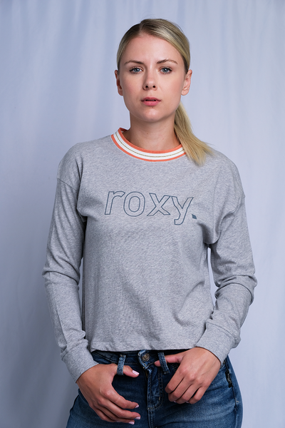 Roxy Women's Heather Grey Orange Crew Neck L/S T-Shirt (S01)