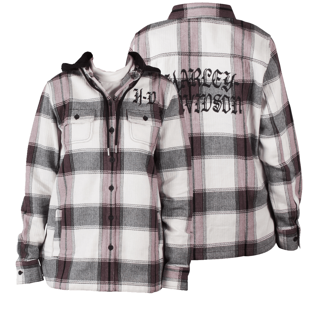 HD Branded Women's H-D Cream Purple Plaid Hooded L/S Shirt Jacket