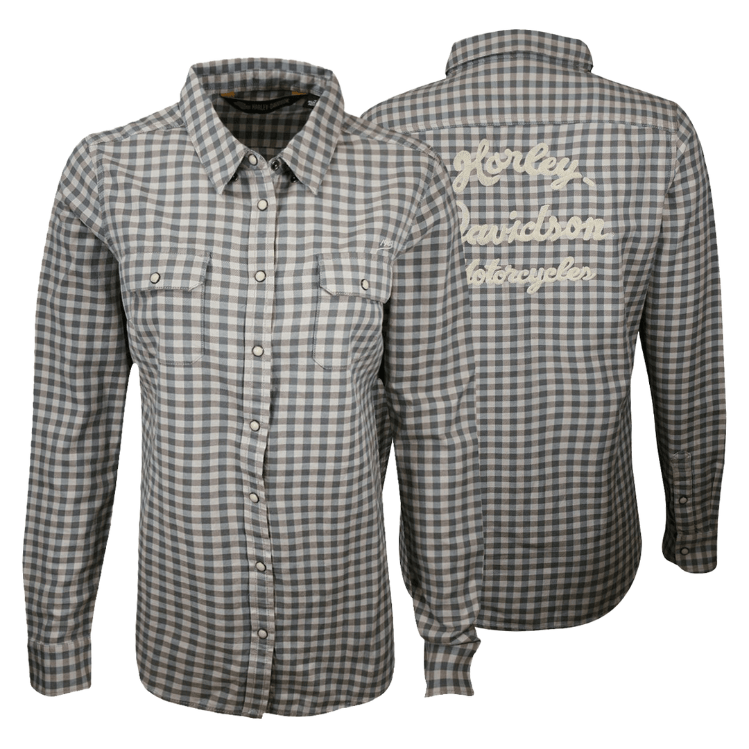 HD Branded Women's Grey Blue Plaid L/S Woven Shirt