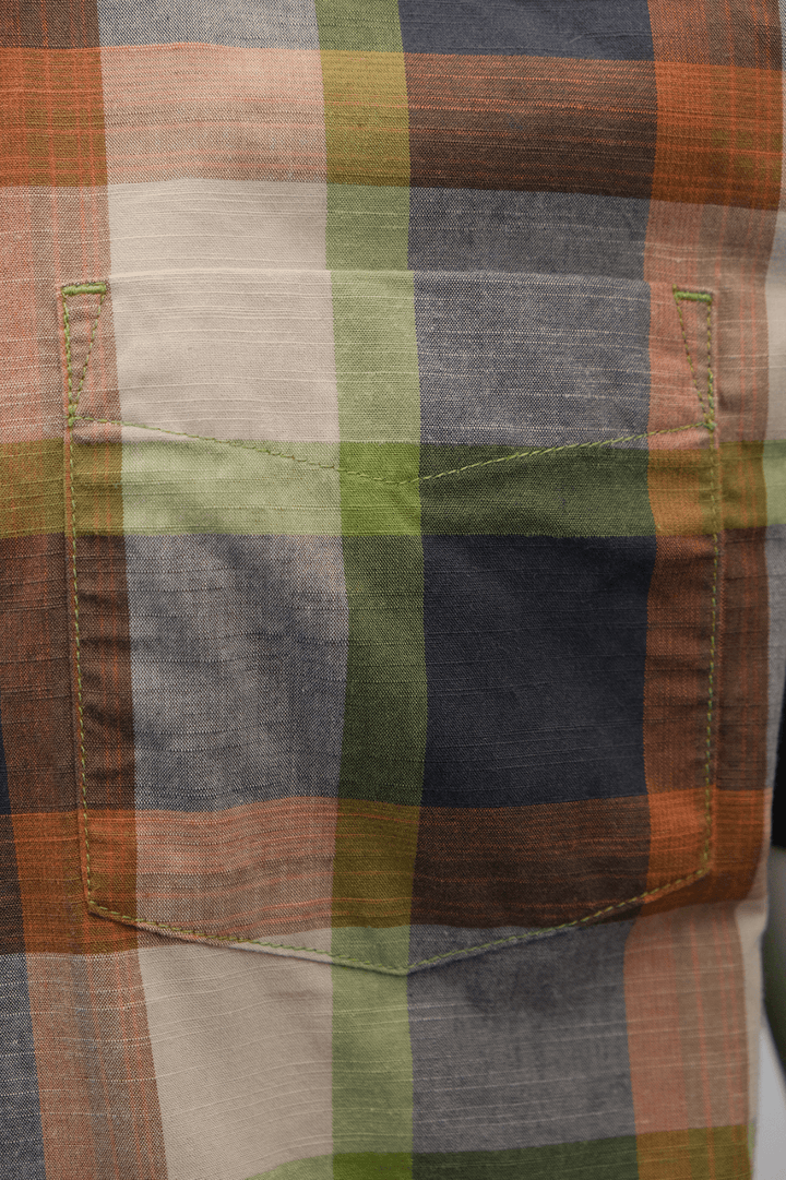 prAna Men's Charcoal Green Orange Box Plaid Benton S/S Woven Shirt S05